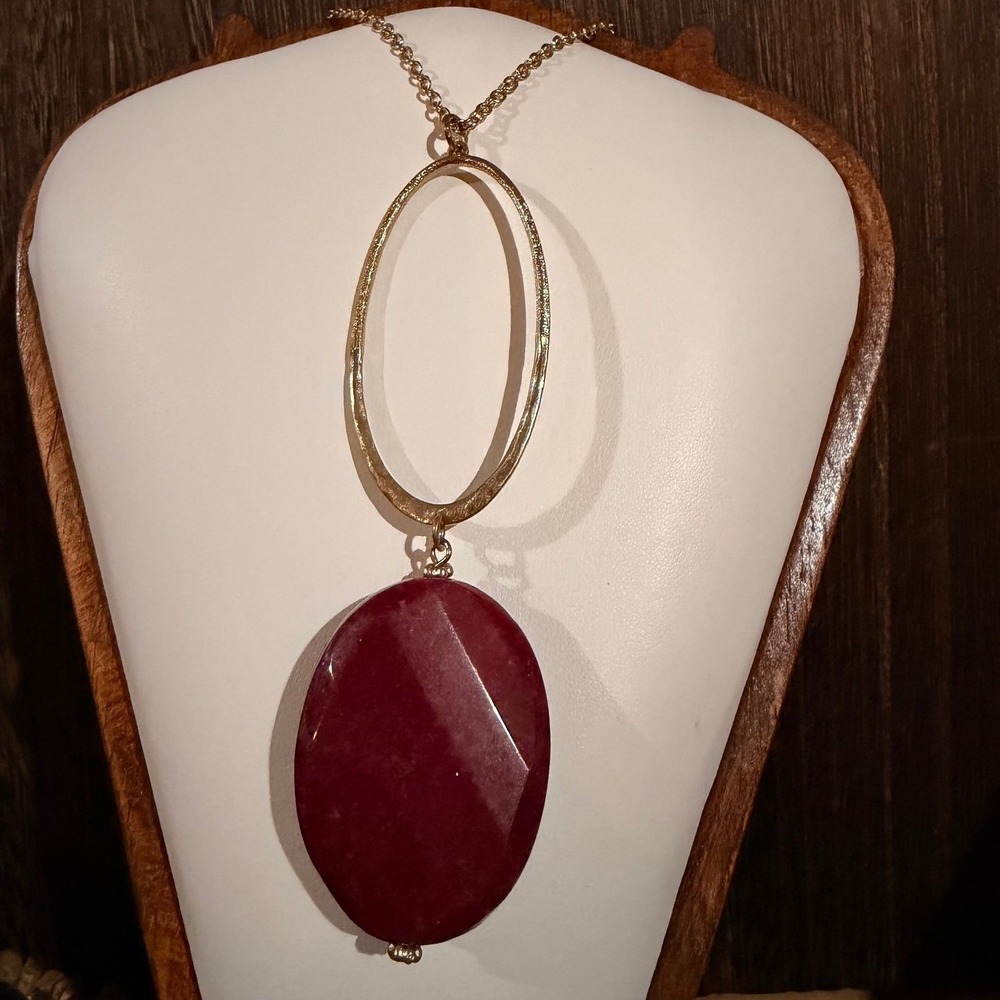 Natural Red Gemstone Faceted Pendant Necklace with Gold Ovalโ Drop